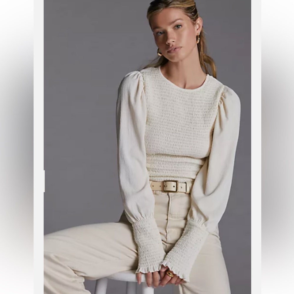 Anthropologie Cream Smocked Blouse